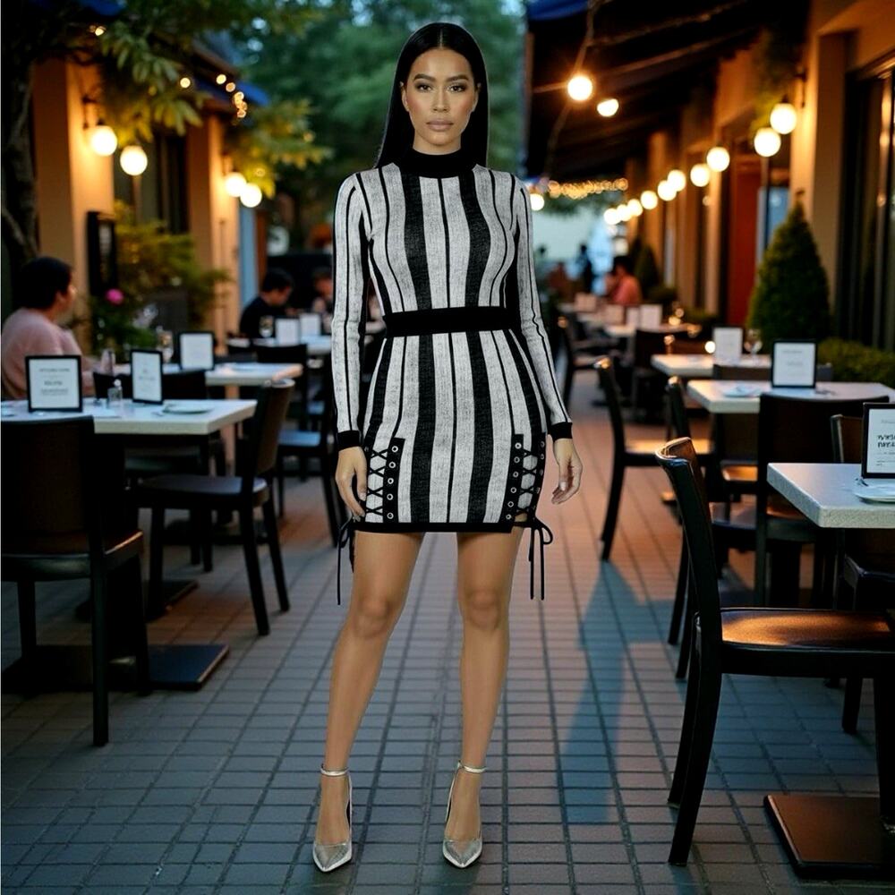Black Silver Striped Bodycon Mini Dress Lace Up Sides Long Sleeve - Picture 6 of 16